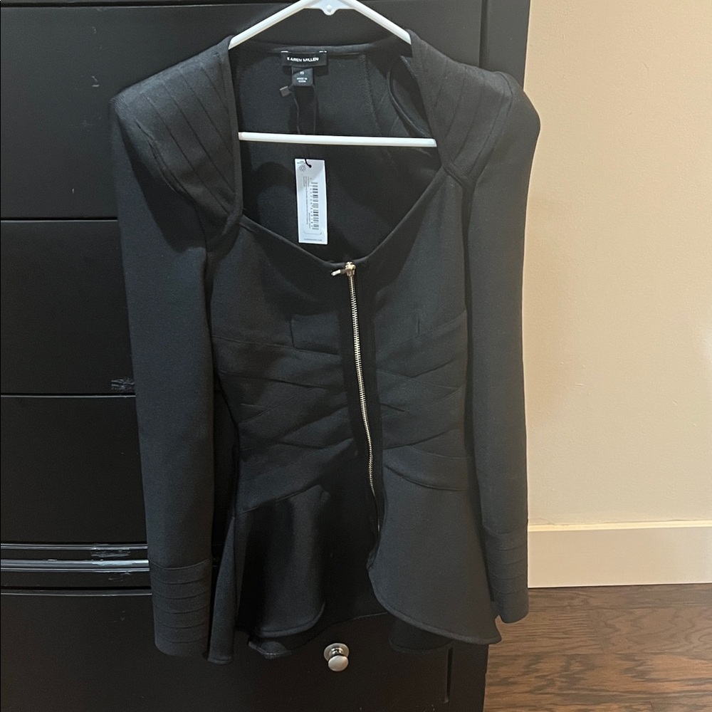 Karen Millen Size Xs Black Zoned Peplum Zip Jacket